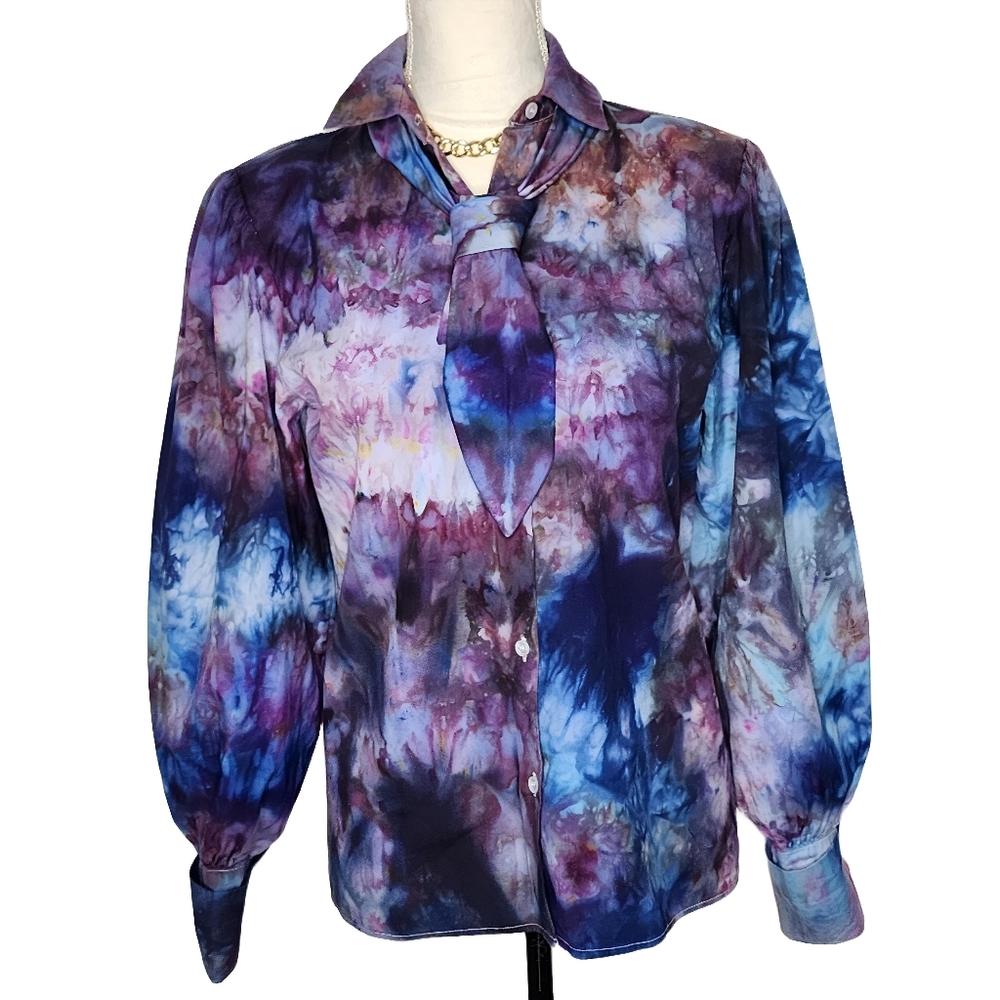 Vintage, upcycled Perry Ellis Tie Dyed Blouse w/ detachable neck tie. 6